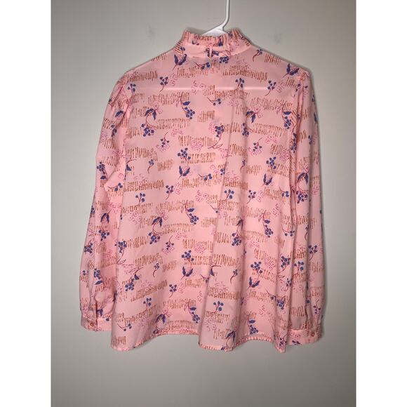 1960s Ruggeri Petal Pink Blue Floral Oriental Feminine Coquette Ruffle Shirt XL - Picture 6 of 6